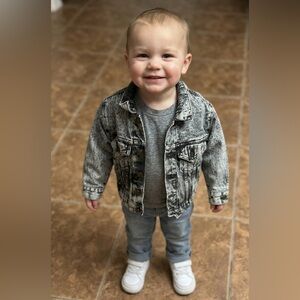 Vintage Plain Pockets Kids Acid-Wash Denim Jacket - Gray